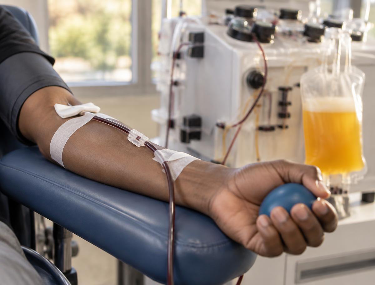Placeholder: donor's arm resting during platelet donation
