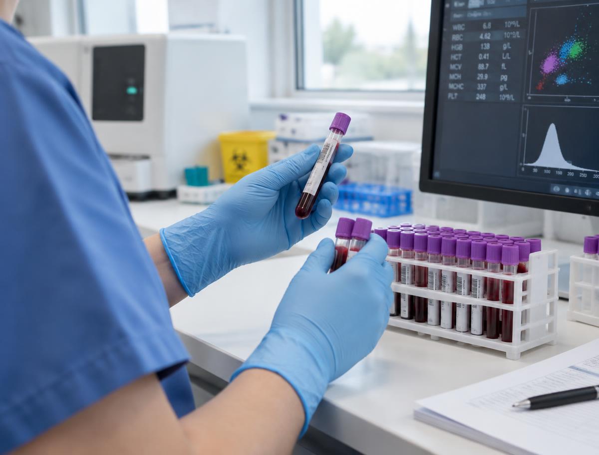 Placeholder: gloved clinician handling blood samples in a laboratory