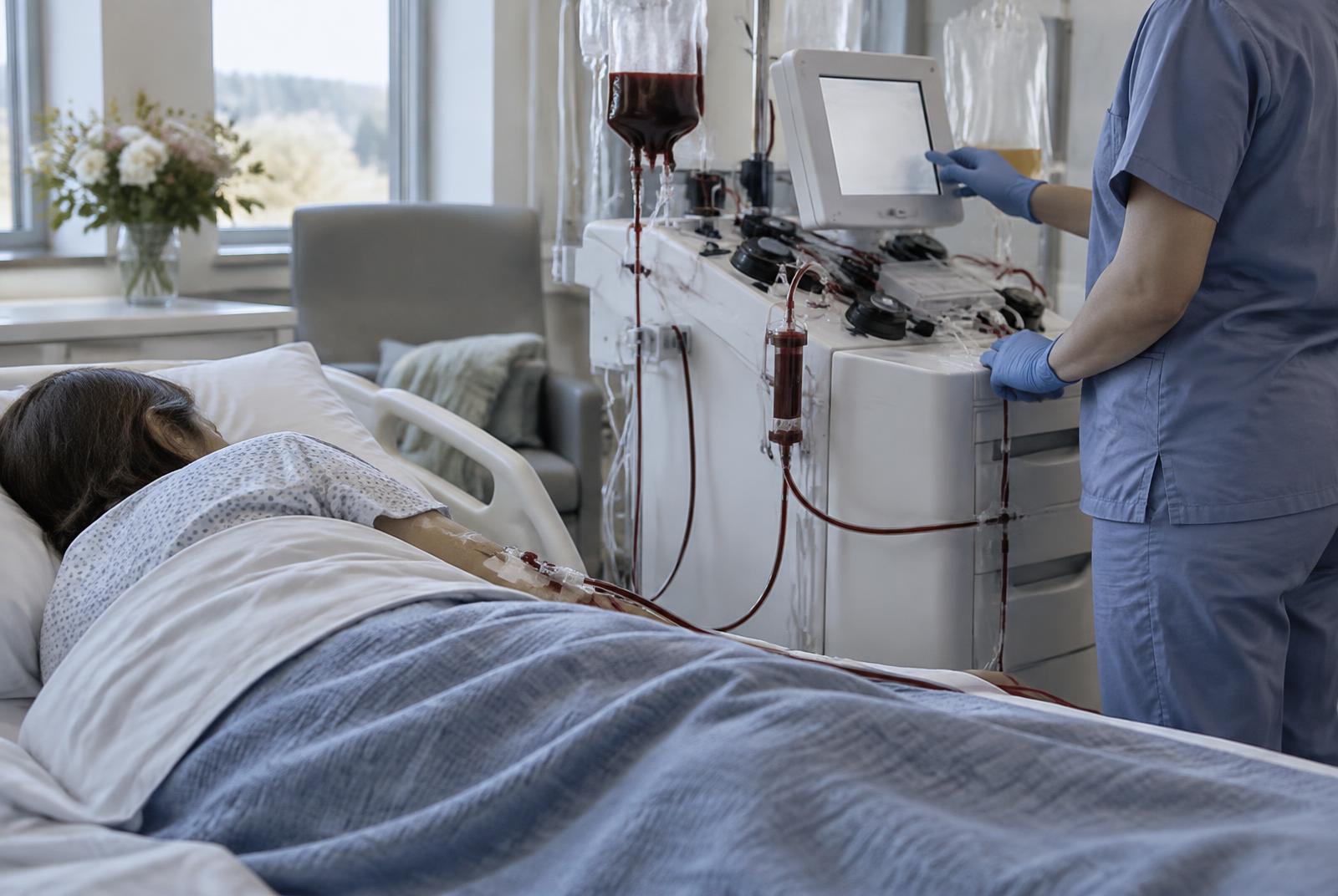 Placeholder: patient resting in a hospital bed connected to an apheresis machine, with a nurse nearby